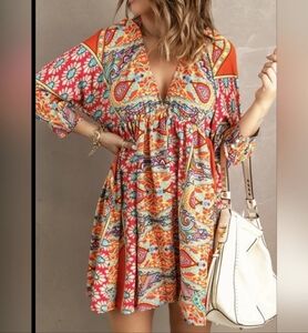 Vibrant Boho Print Mini Dress Deep Vneck 3/4 Sleeve Size Small